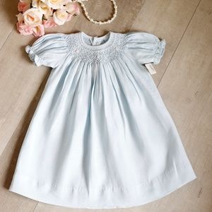 Smocked 100% Cotton LINEN Dress Blue Boutique Baby 6 Month Spring PERFECT